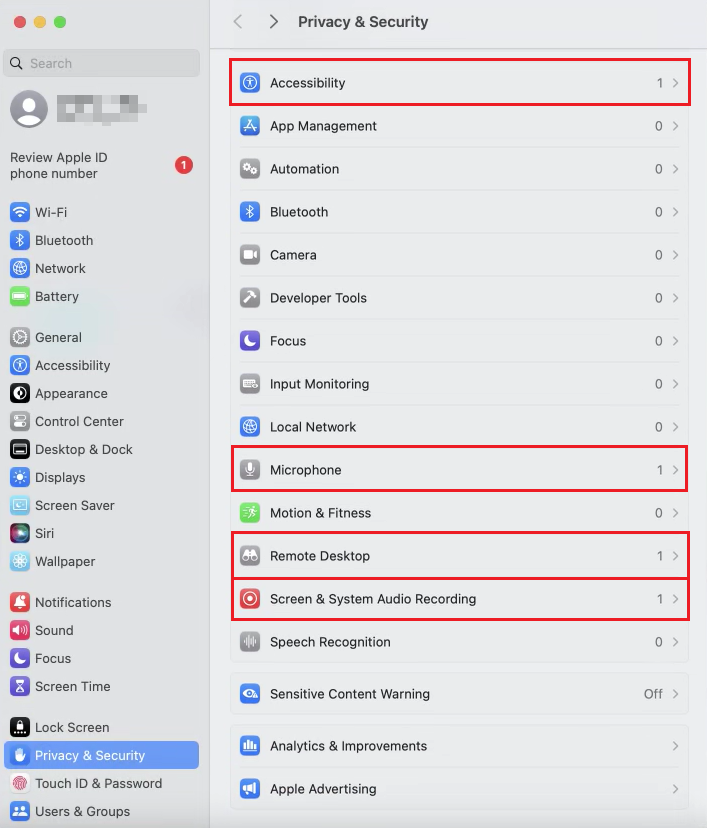 macOS System Settings, Privacy and Security, with Accessibility, Microphone, Remote Desktop, and Screen and System Audio Recording highlighted